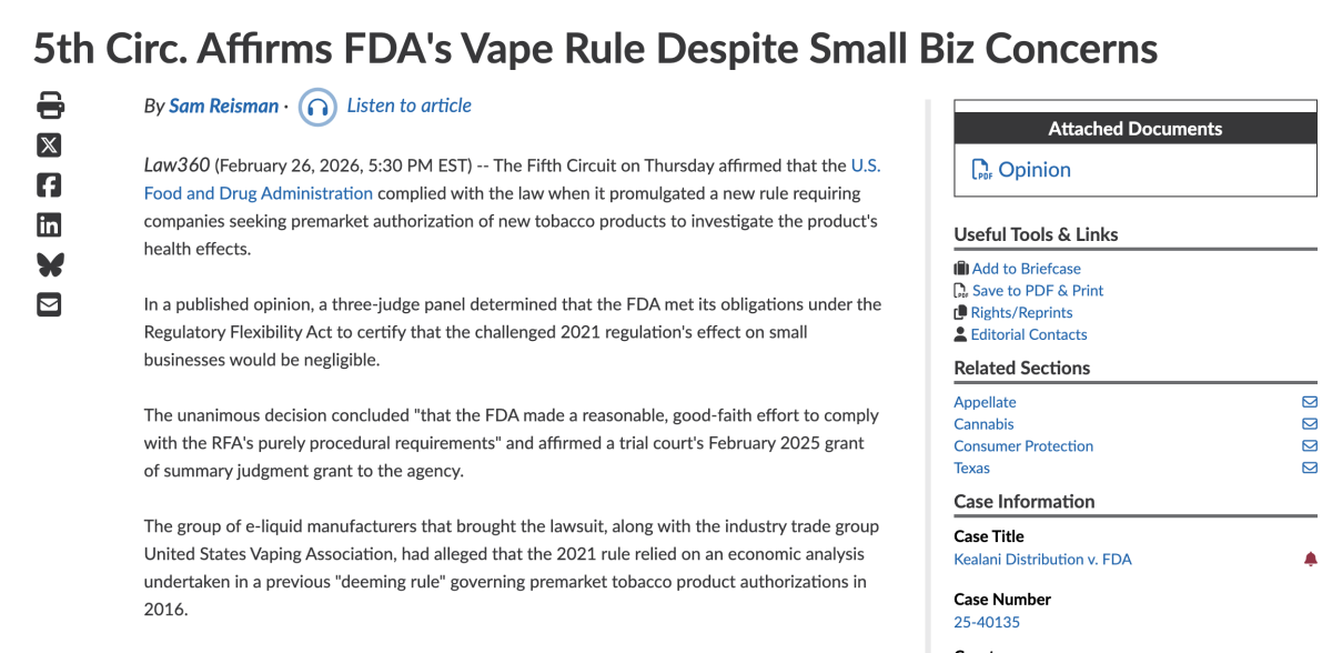 US Appeals Court Upholds Ruling: FDA Compliant with Legal Requirements in Crafting 2021 Final PMTA Rule