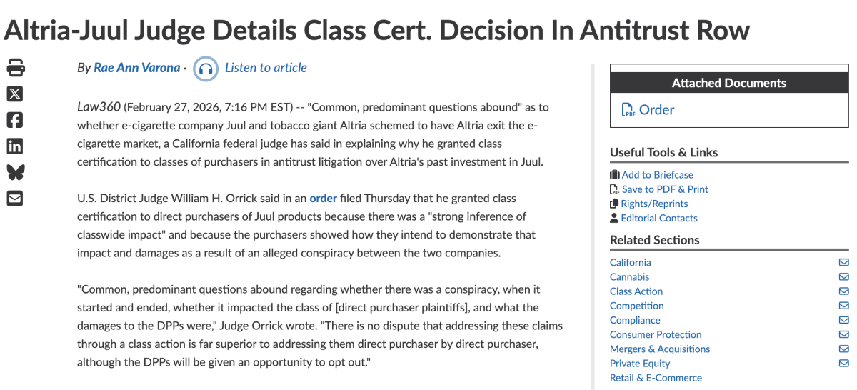California Judge Approves Class Action Status for Direct Purchasers in JUUL Lawsuit Involving Altria Deal
