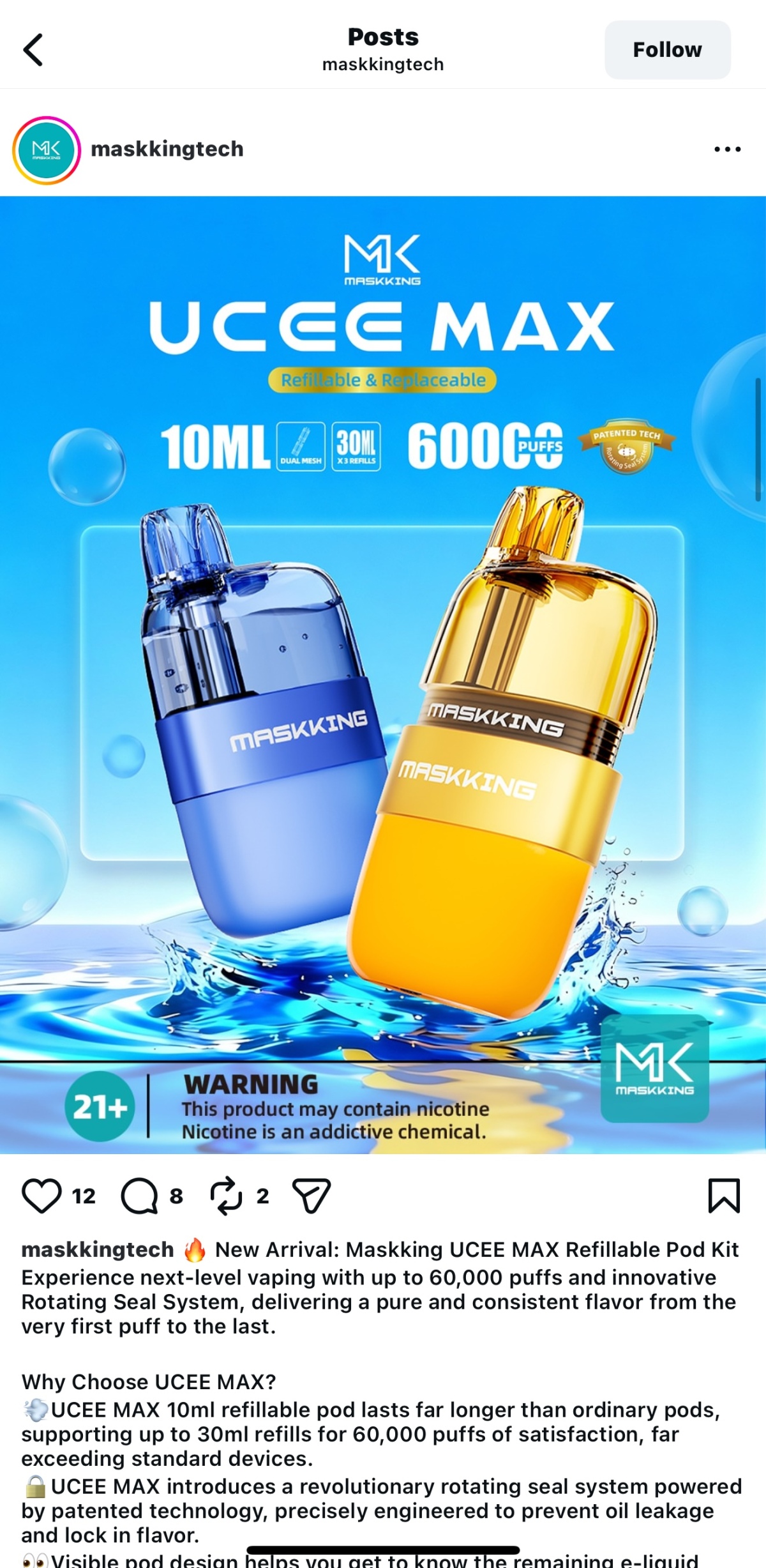 Product | Refillable up to 30 mL in total and claimed 60,000 puffs: MASKKING launches open-system UCEE MAX