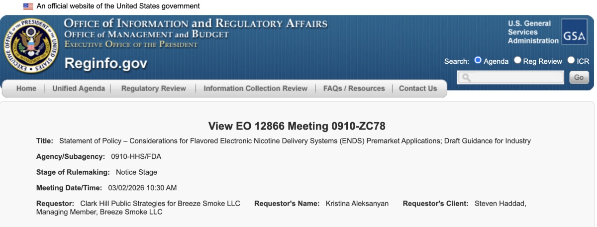 Special Report | Breeze and Glas Seek White House Review as FDA Advances Flavored ENDS Guidance