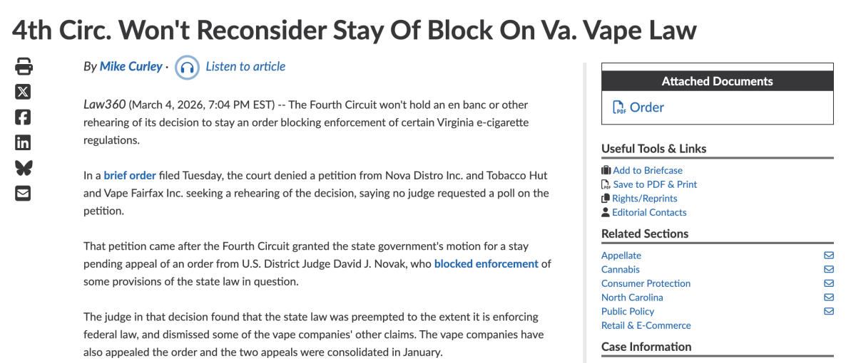 美国第四巡回法院：拒绝复审弗州电子烟法规“暂缓执行”裁定申请