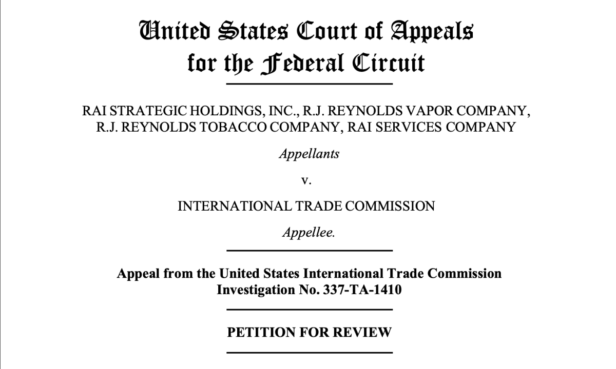 Reynolds Tobacco Appeals ITC Ruling on Disposable E-cigarette Patent Invalidity