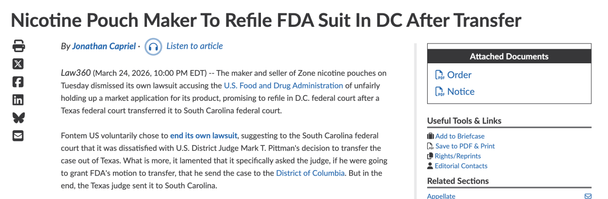 Fontem Drops Texas Lawsuit and Plans to Refile in D.C. Over FDA Handling of Zone Application