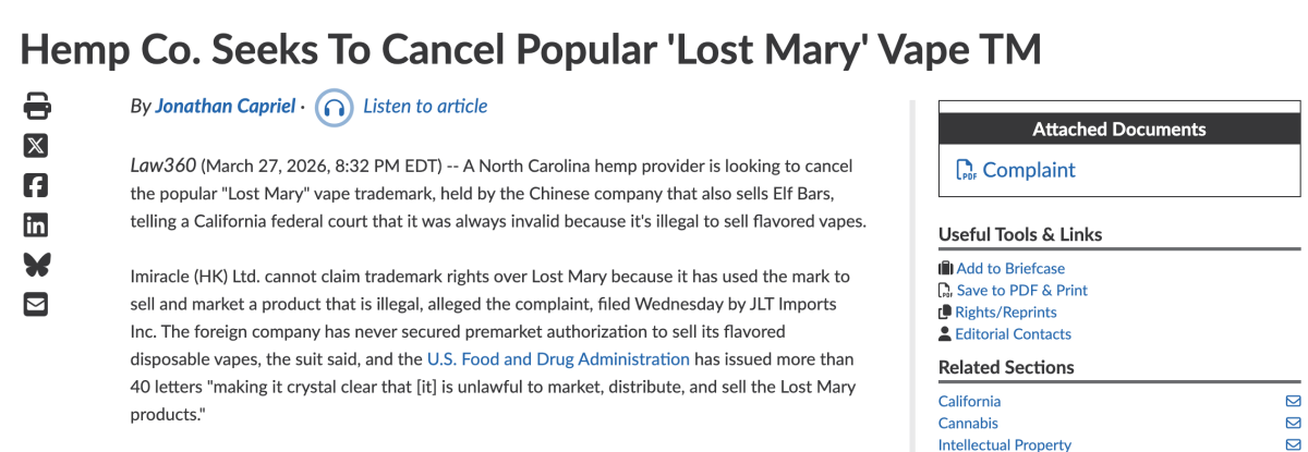 JLT Imports Inc. Files Lawsuit to Revoke Imiracle (HK) Ltd.'s "Lost Mary" Trademark Registration.