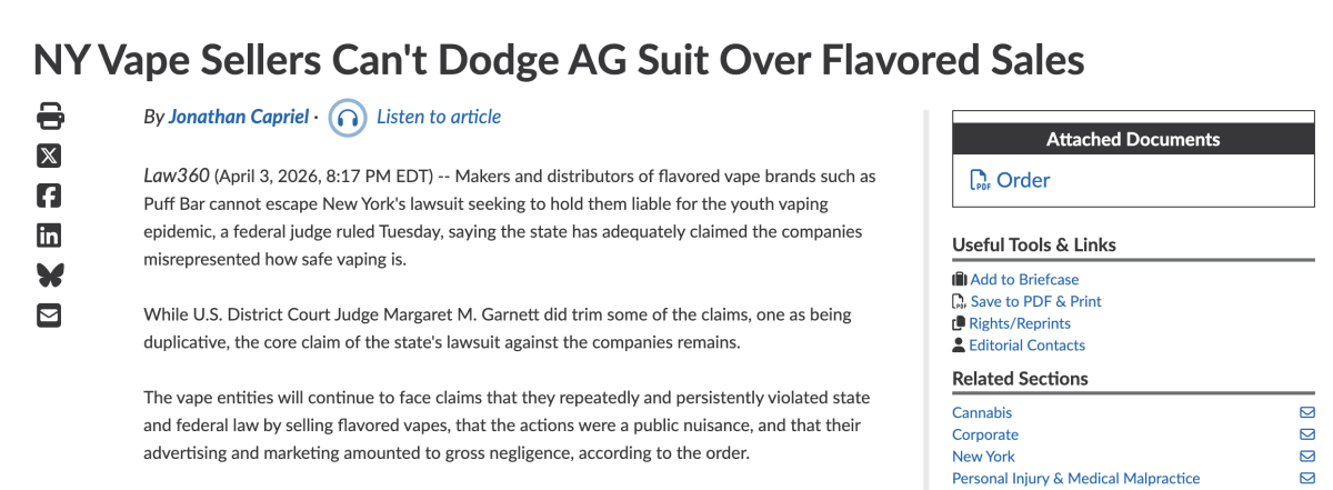 Federal Judge Rules Puff Bar and Other Flavored E-Cigarette Companies Cannot Escape New York State Lawsuit