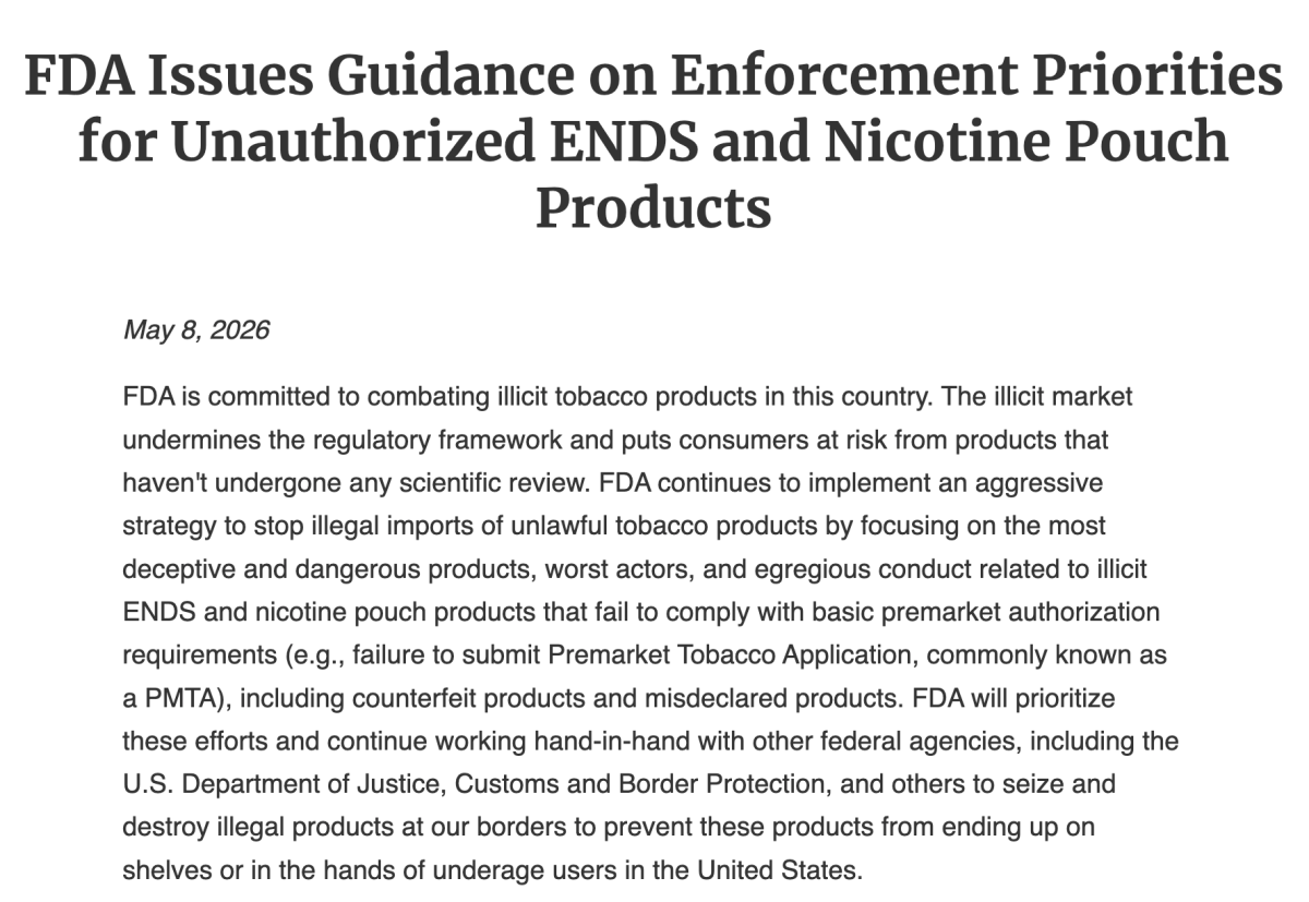 FDA发布未授权e-cigarette和尼古丁袋产品执法优先事项指南，重点打击非法进口和假冒产品