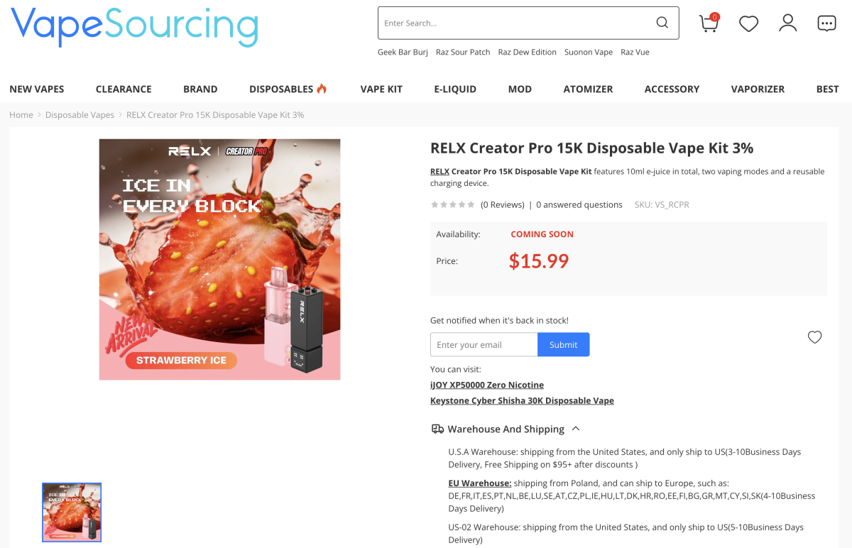 Vapesourcing预上架RELX Creator Pro 15K，页面显示美国仓配送选项
