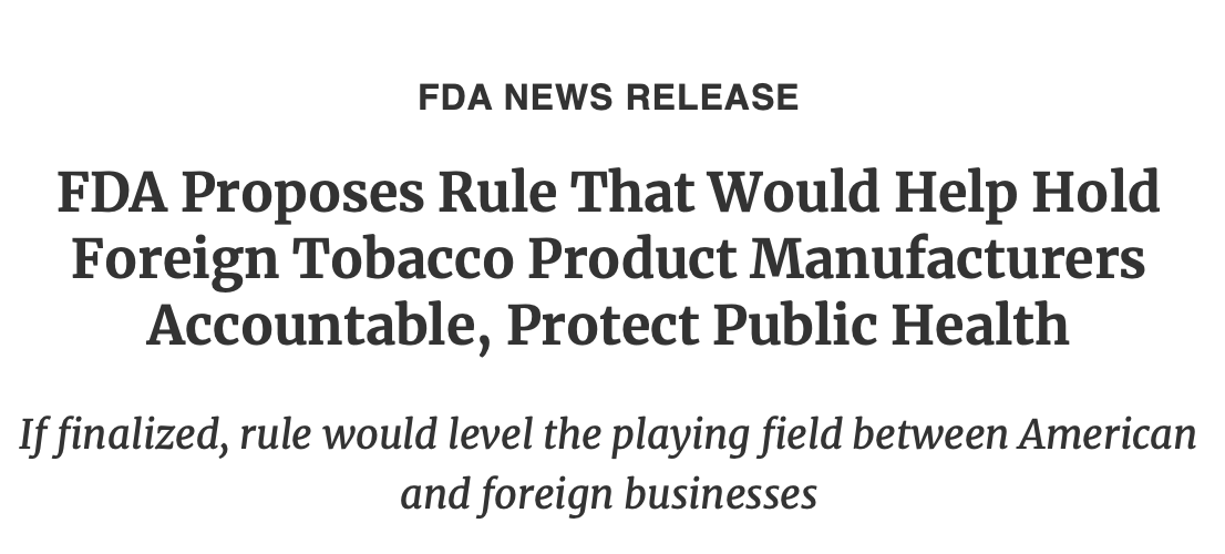 FDA 拟要求外国烟草制造商登记设施并提交产品清单，强化进口监管