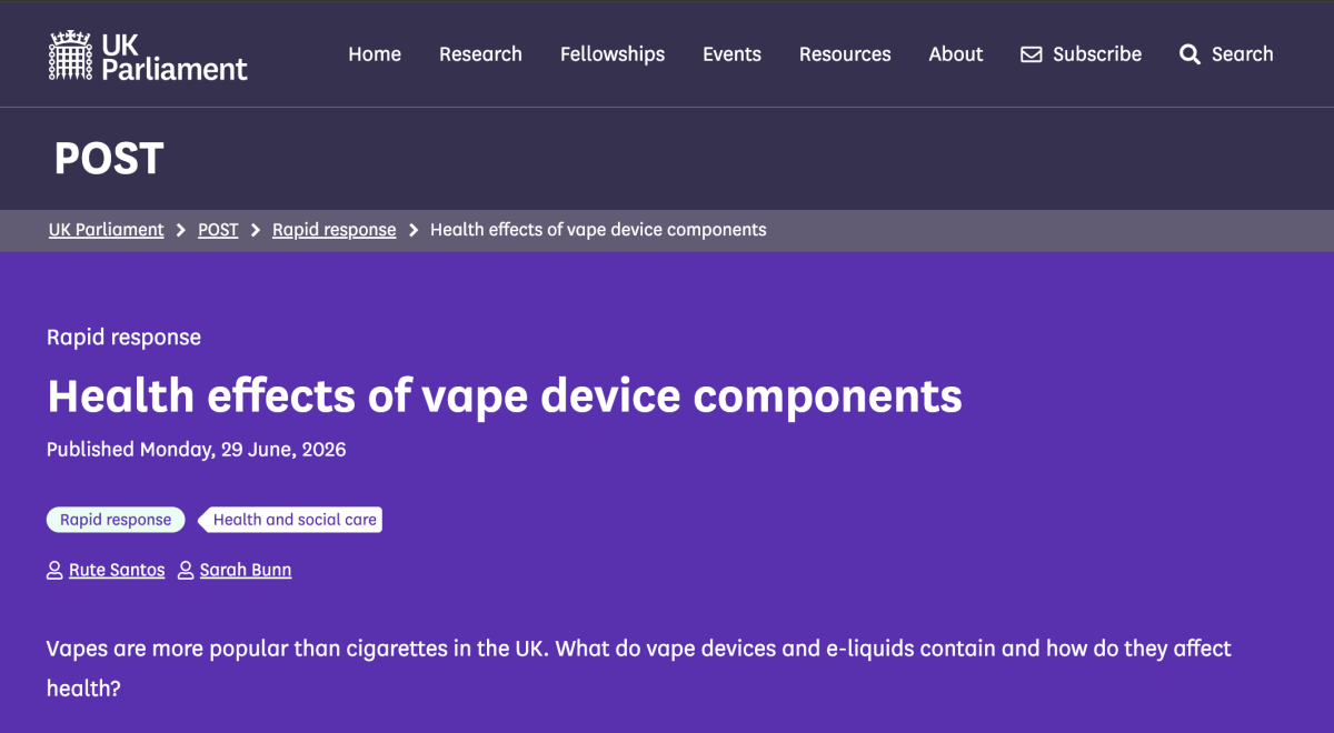 英国议会发布电子烟器件健康影响简报，硬件设计与材料或成监管重点