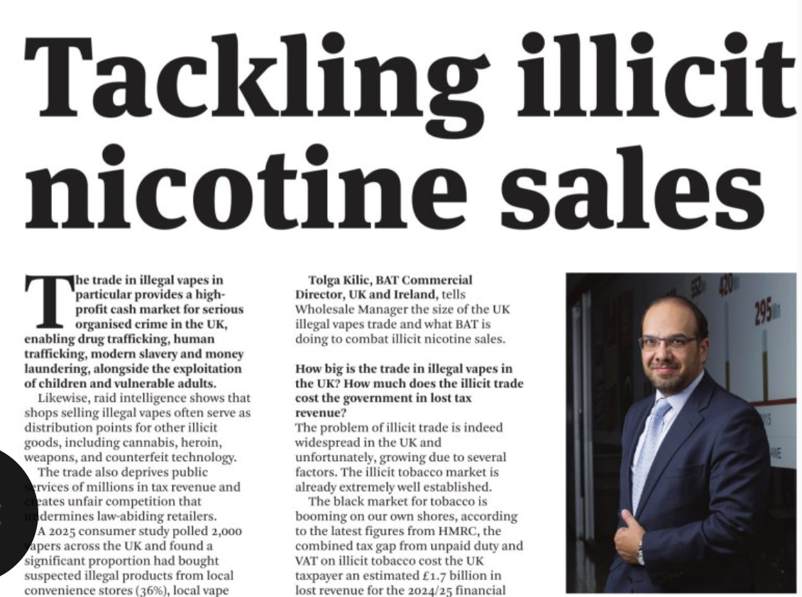 BAT英国商业总监Tolga Kilic称非法尼古丁市场挤压合法零售商，英国vape渠道面临监管与成本压力