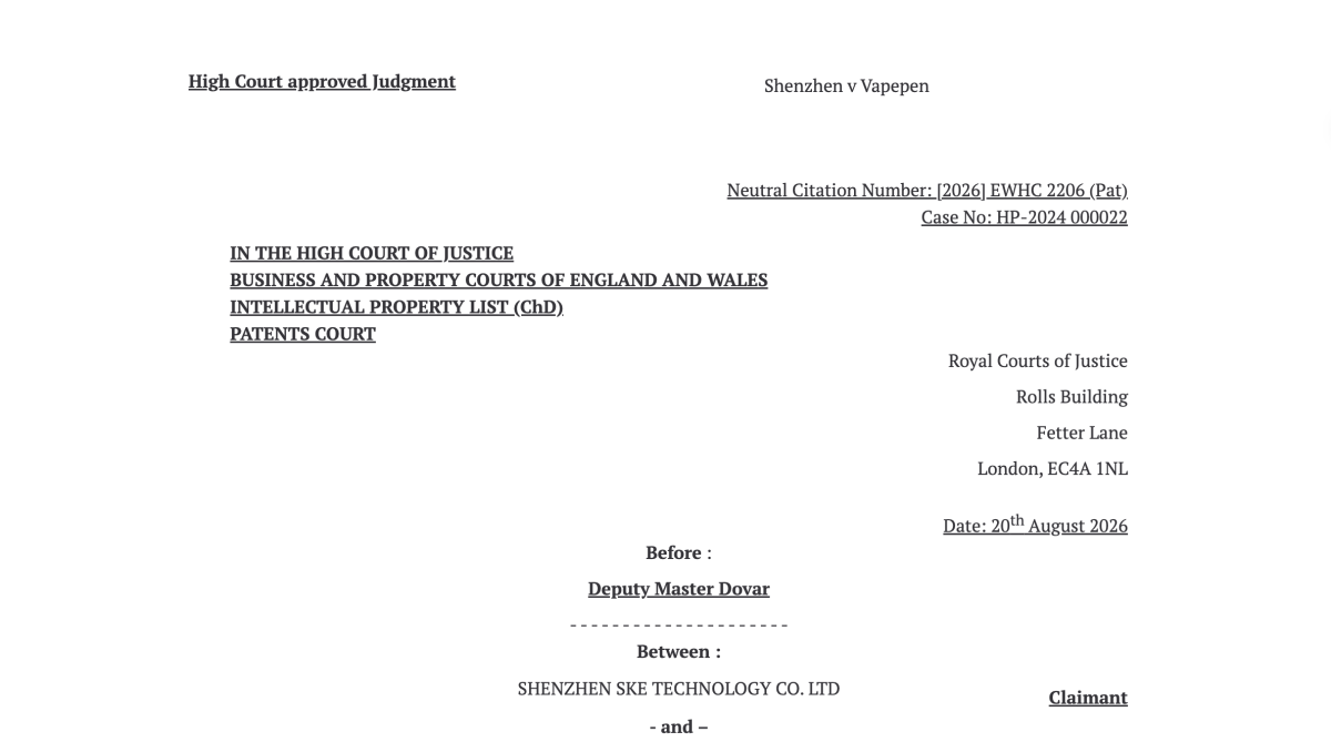 Yinghe-Controlled Vape Maker SKE Ordered to Post £569,039 Security as It Pursues Crystal Bar Design Infringement Case in UK