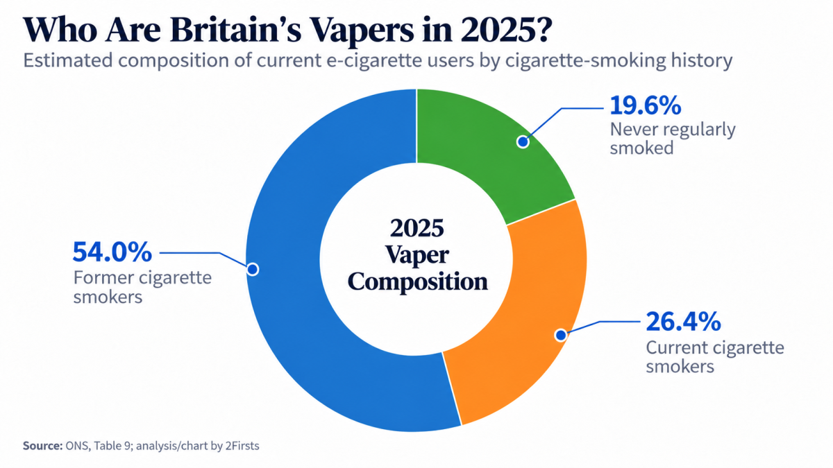 英国ONS最新数据：电子烟用户54%为既往吸烟者、26%同时吸卷烟、20%从未规律吸烟